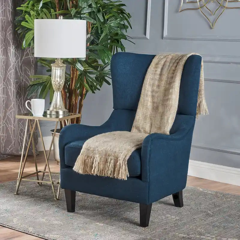 Navy Blue High-Back Wingback Accent Chair with Birch Wood Legs 27 Inch