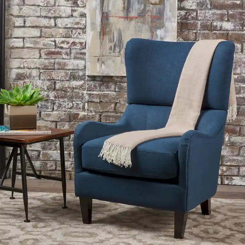 Navy Blue High-Back Wingback Accent Chair with Birch Wood Legs 27 Inch