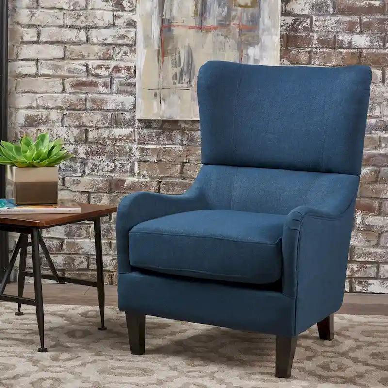 Navy Blue High-Back Wingback Accent Chair with Birch Wood Legs 27 Inch