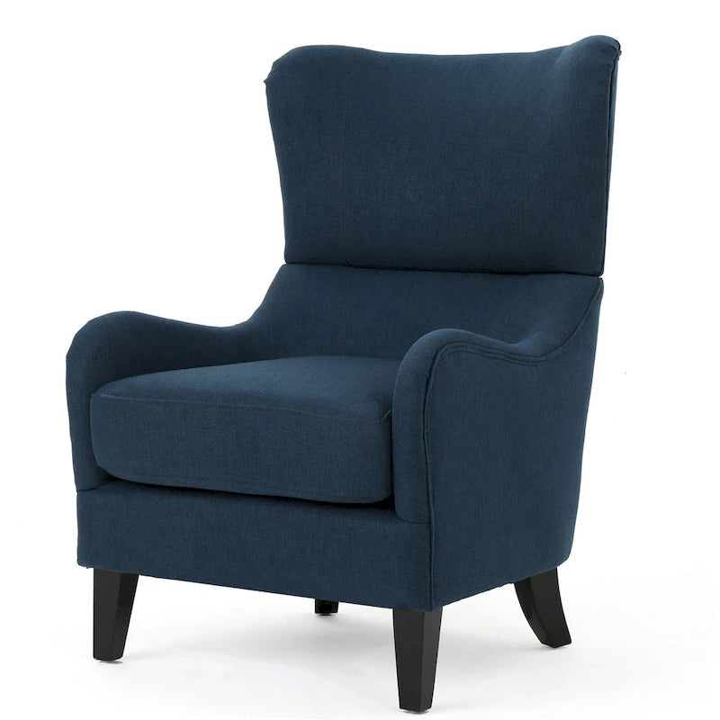 Navy Blue High-Back Wingback Accent Chair with Birch Wood Legs 27 Inch