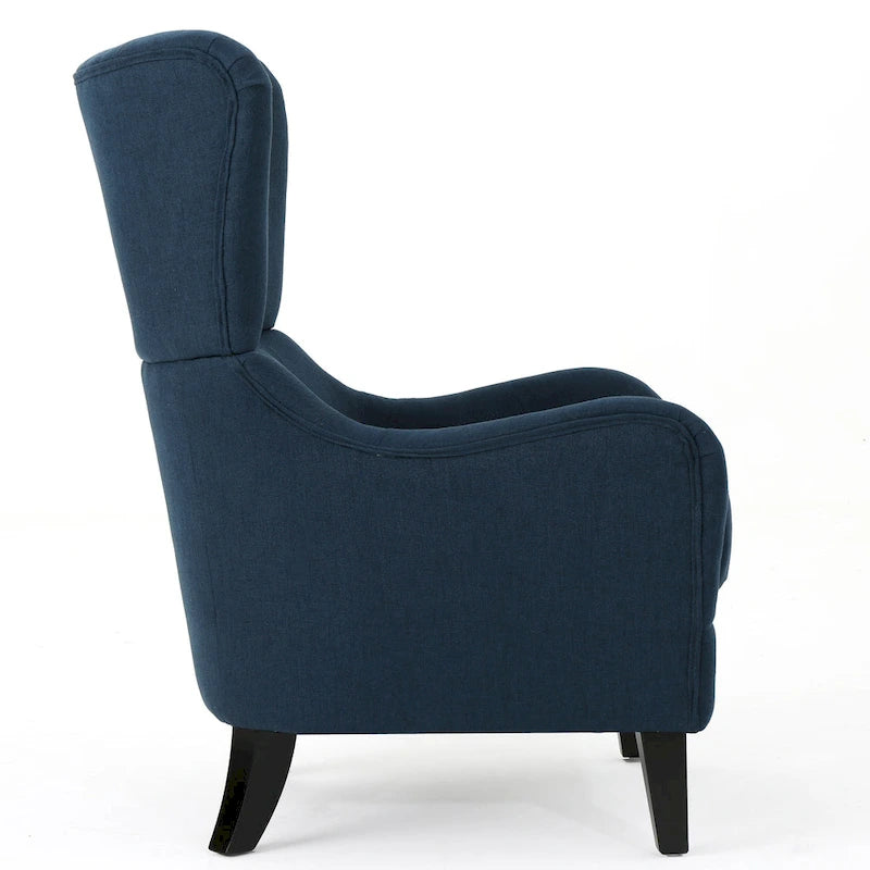 Navy Blue High-Back Wingback Accent Chair with Birch Wood Legs 27 Inch