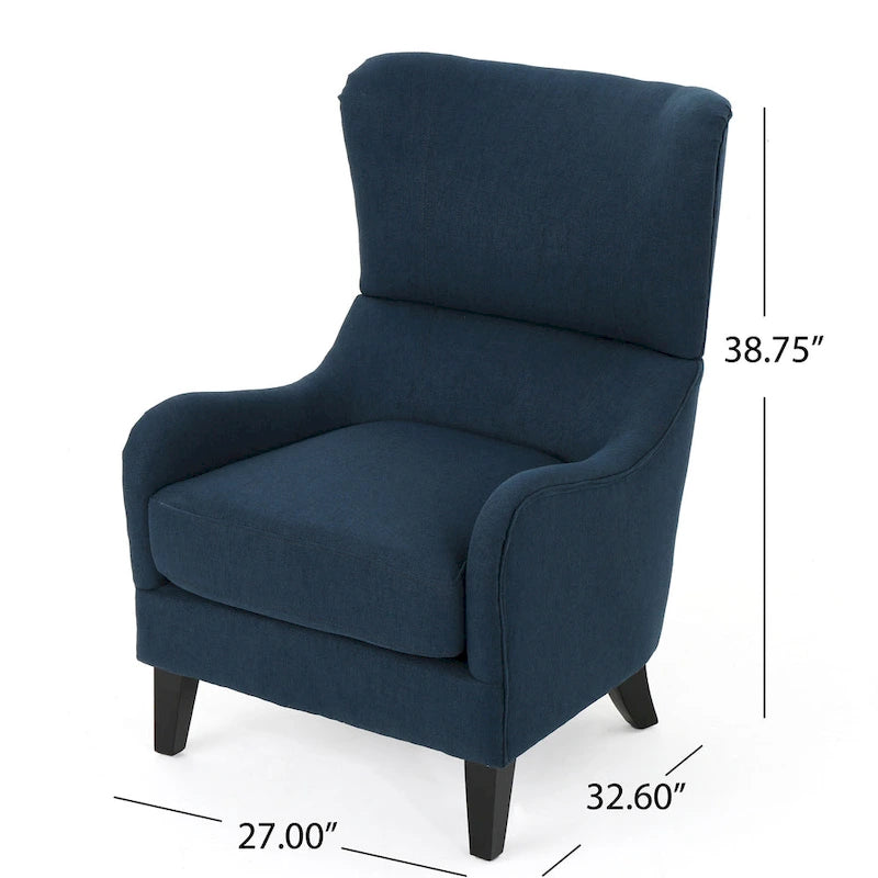 Navy Blue High-Back Wingback Accent Chair with Birch Wood Legs 27 Inch