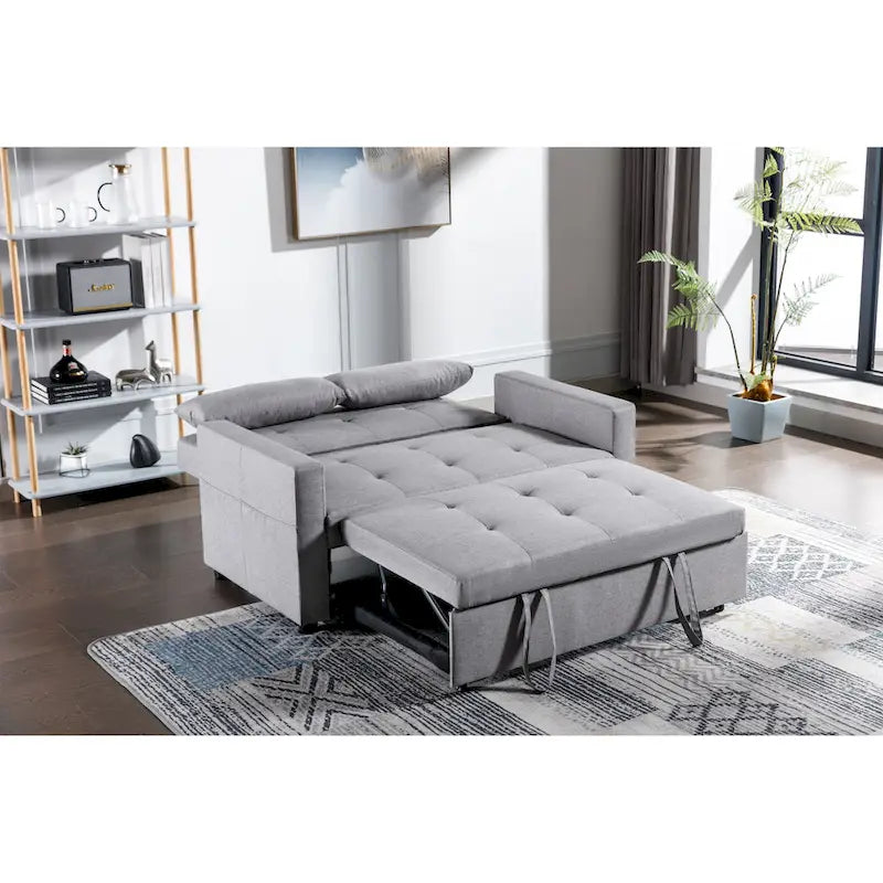 3-in-1 Linen Convertible Loveseat Sofa Bed with Side Pockets 55 Inch