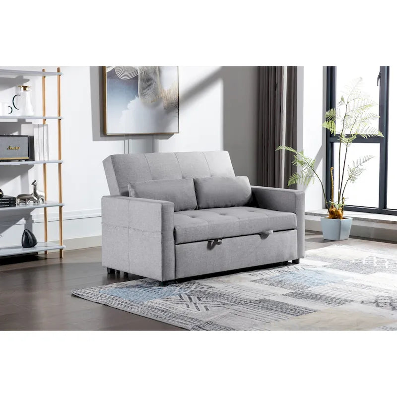 3-in-1 Linen Convertible Loveseat Sofa Bed with Side Pockets 55 Inch
