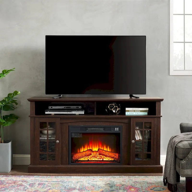 58 Inch Fireplace TV Stand with Open and Closed Storage for 65 Inch TV