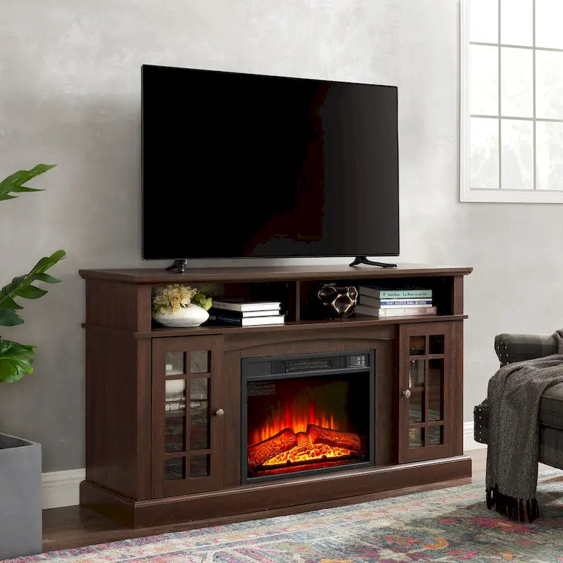 58 Inch Fireplace TV Stand with Open and Closed Storage for 65 Inch TV
