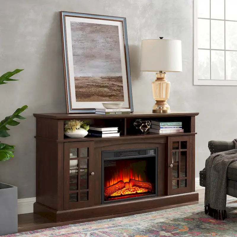 58 Inch Fireplace TV Stand with Open and Closed Storage for 65 Inch TV