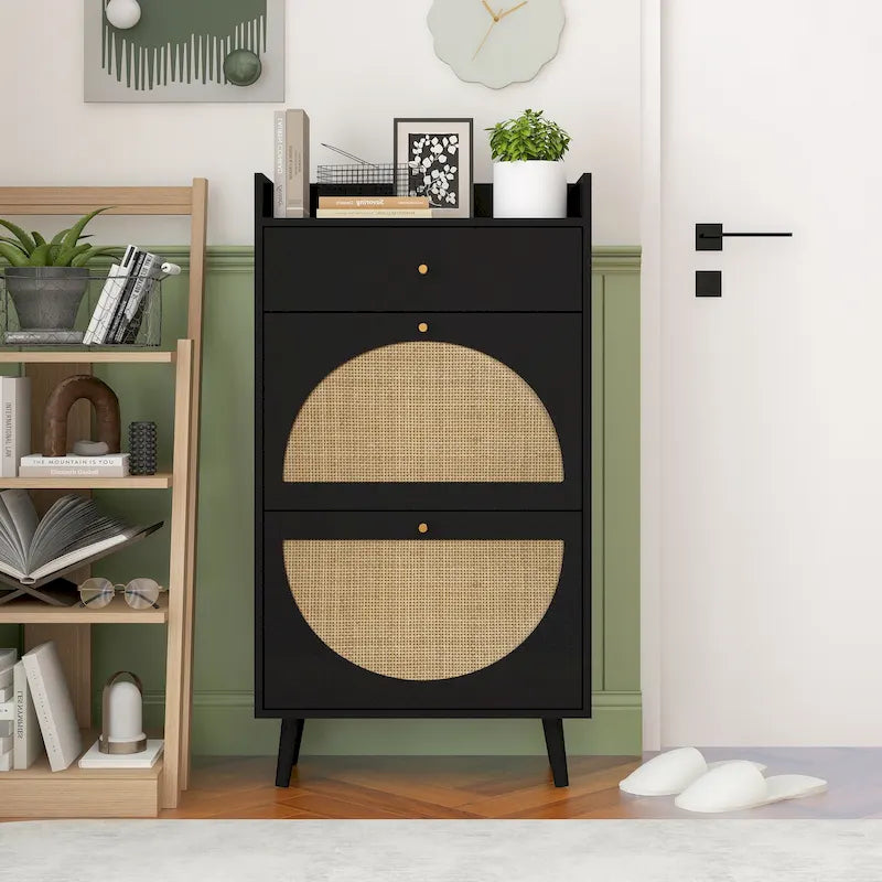 Natural Rattan 2-Door 1-Drawer Shoe Cabinet with Double Layer Storage