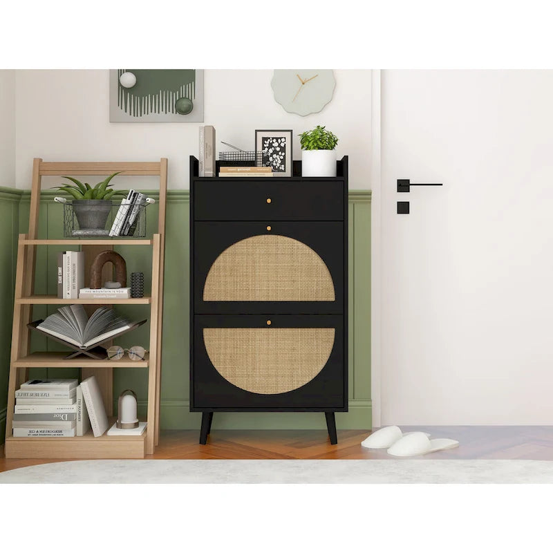 Natural Rattan 2-Door 1-Drawer Shoe Cabinet with Double Layer Storage