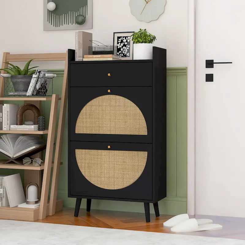 Natural Rattan 2-Door 1-Drawer Shoe Cabinet with Double Layer Storage