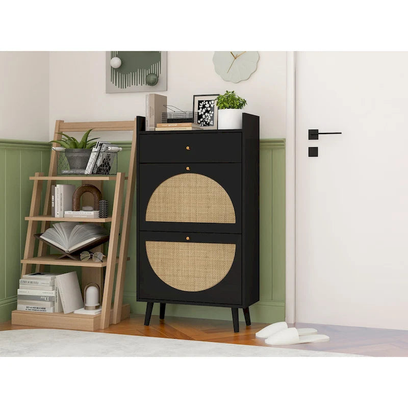 Natural Rattan 2-Door 1-Drawer Shoe Cabinet with Double Layer Storage