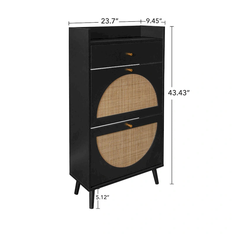 Natural Rattan 2-Door 1-Drawer Shoe Cabinet with Double Layer Storage