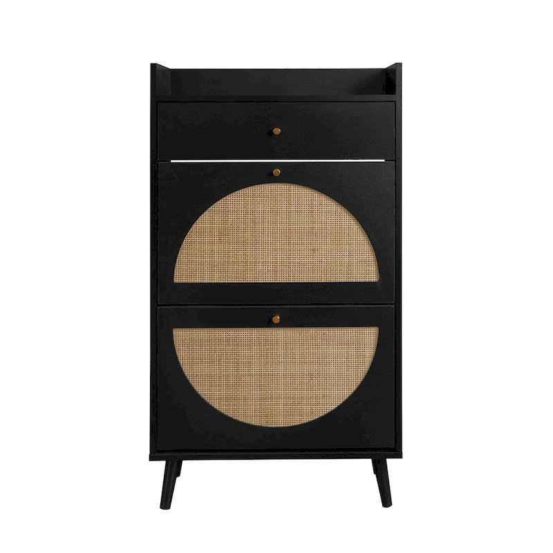 Natural Rattan 2-Door 1-Drawer Shoe Cabinet with Double Layer Storage