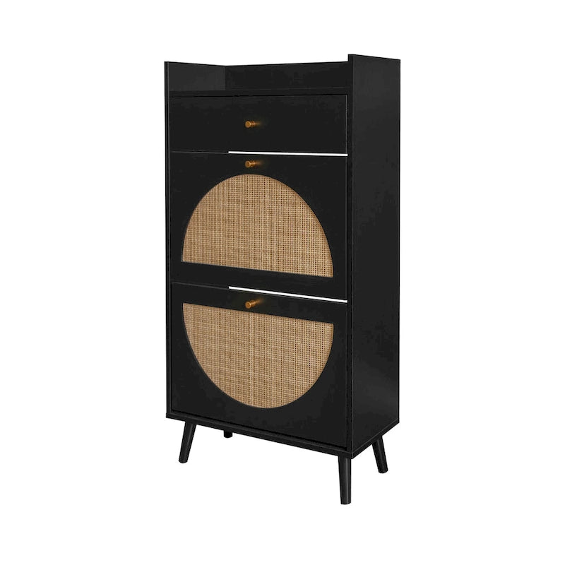 Natural Rattan 2-Door 1-Drawer Shoe Cabinet with Double Layer Storage