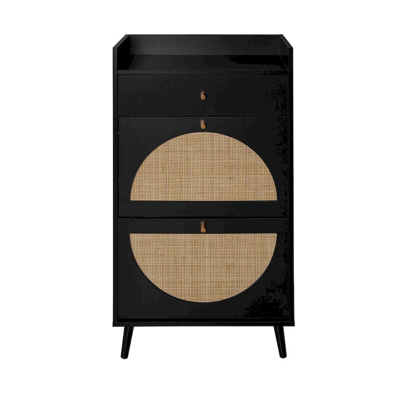 Natural Rattan 2-Door 1-Drawer Shoe Cabinet with Double Layer Storage