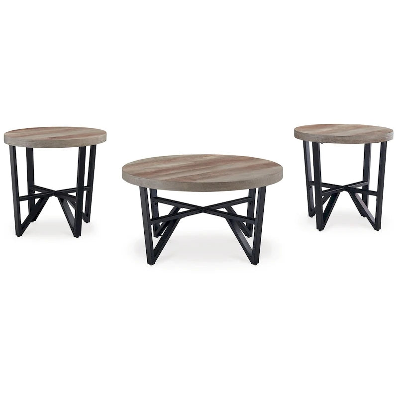 3-Piece Coffee and End Table Set Reclaimed Wood Top with Black Angular Metal Frame
