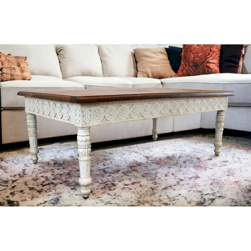 Brown and Ivory Solid Wood Coffee Table 48 Inch
