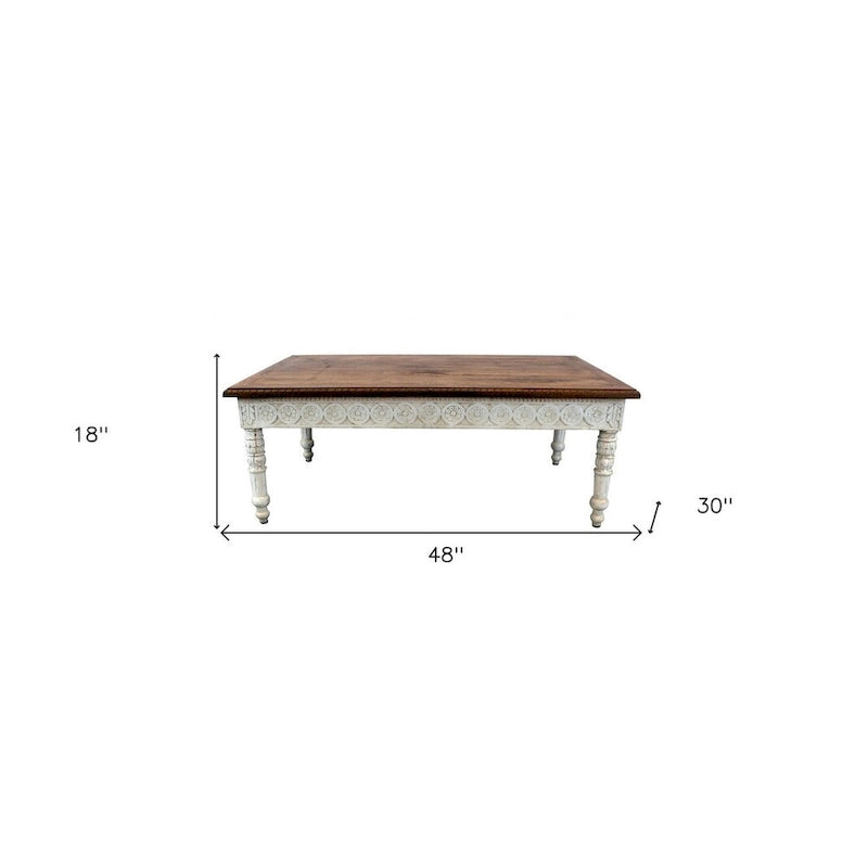 Brown and Ivory Solid Wood Coffee Table 48 Inch