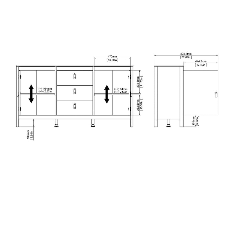 Scandinavian Sideboard with 3 Drawers and 2 Adjustable Shelf Doors 59 Inch