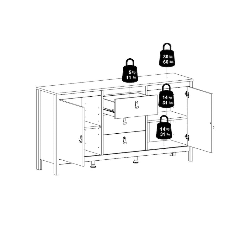 Scandinavian Sideboard with 3 Drawers and 2 Adjustable Shelf Doors 59 Inch