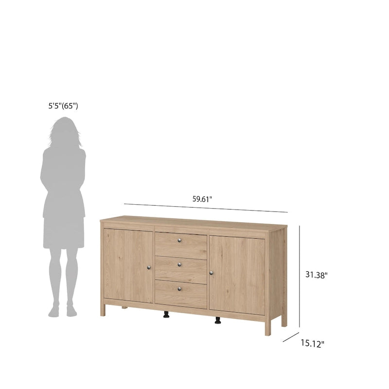 Scandinavian Sideboard with 3 Drawers and 2 Adjustable Shelf Doors 59 Inch