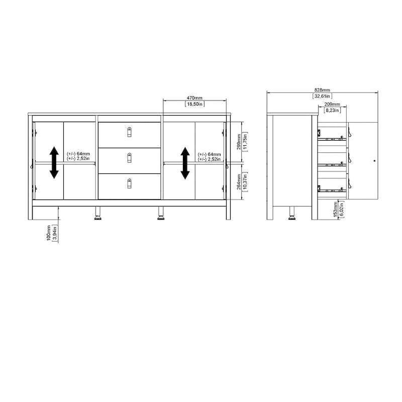 Scandinavian Sideboard with 3 Drawers and 2 Adjustable Shelf Doors 59 Inch