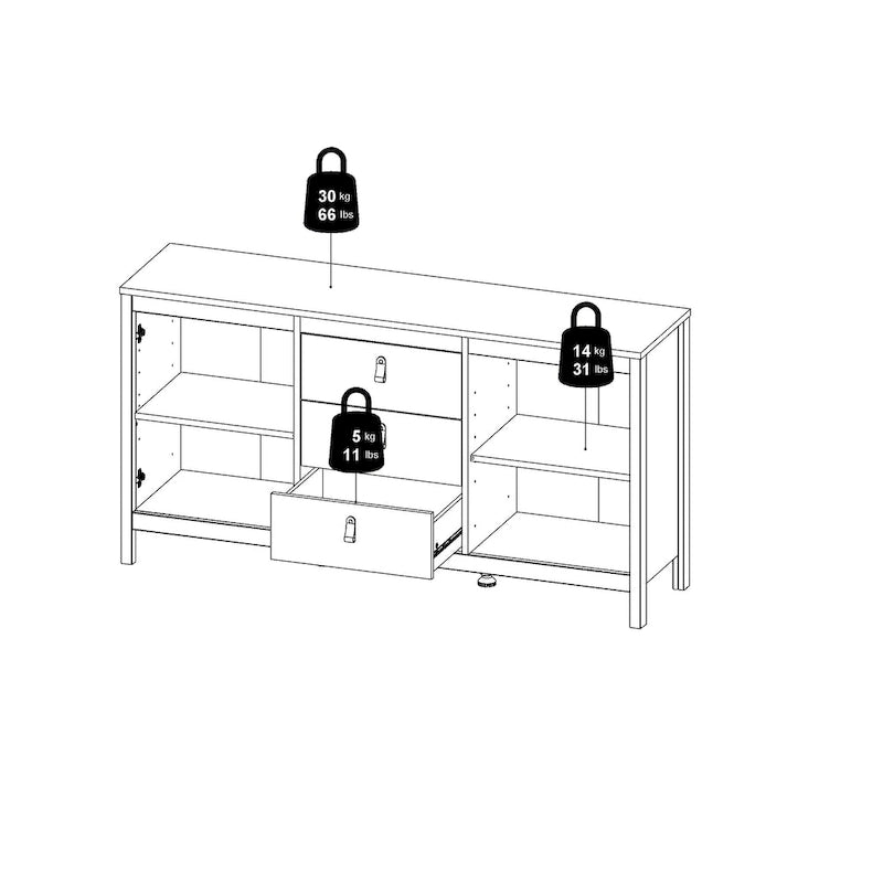 Scandinavian Sideboard with 3 Drawers and 2 Adjustable Shelf Doors 59 Inch