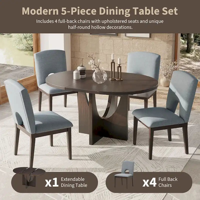 5-Piece Solid Wood Round Dining Set with Extendable Leaf and Upholstered Chairs