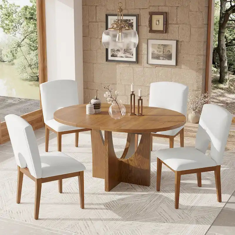 5-Piece Solid Wood Round Dining Set with Extendable Leaf and Upholstered Chairs
