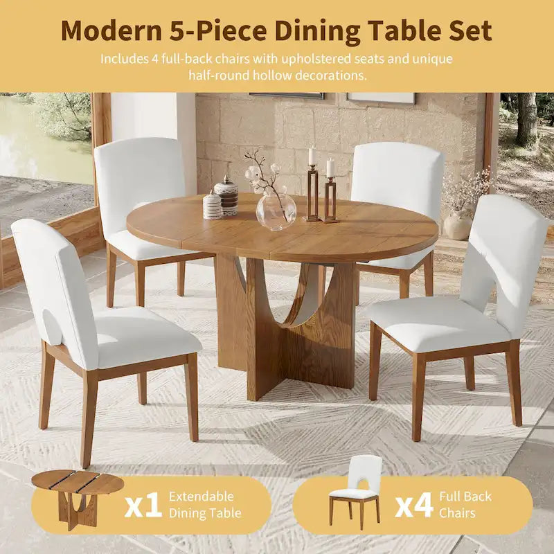 5-Piece Solid Wood Round Dining Set with Extendable Leaf and Upholstered Chairs