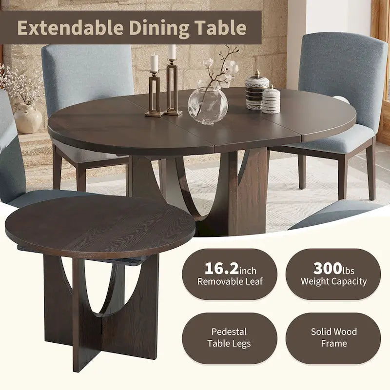 5-Piece Solid Wood Round Dining Set with Extendable Leaf and Upholstered Chairs