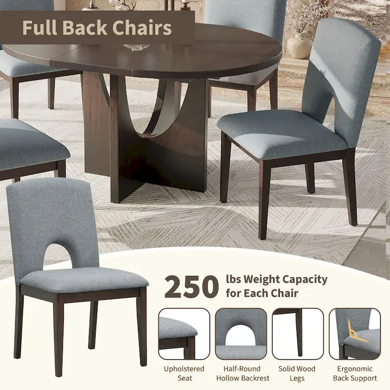 5-Piece Solid Wood Round Dining Set with Extendable Leaf and Upholstered Chairs