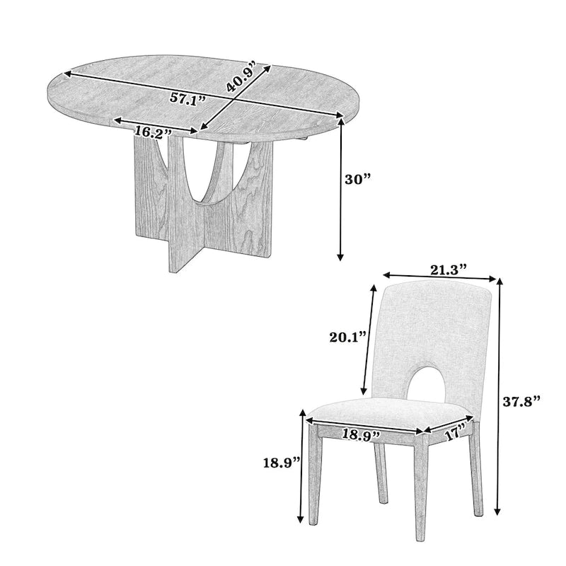 5-Piece Solid Wood Round Dining Set with Extendable Leaf and Upholstered Chairs