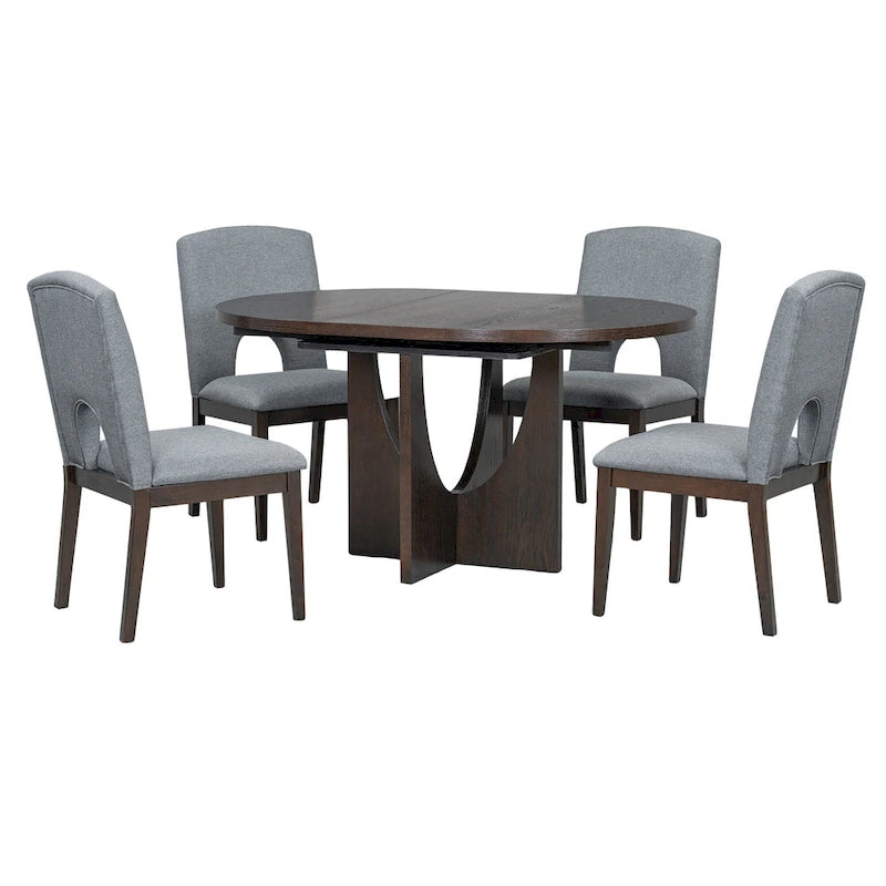 5-Piece Solid Wood Round Dining Set with Extendable Leaf and Upholstered Chairs