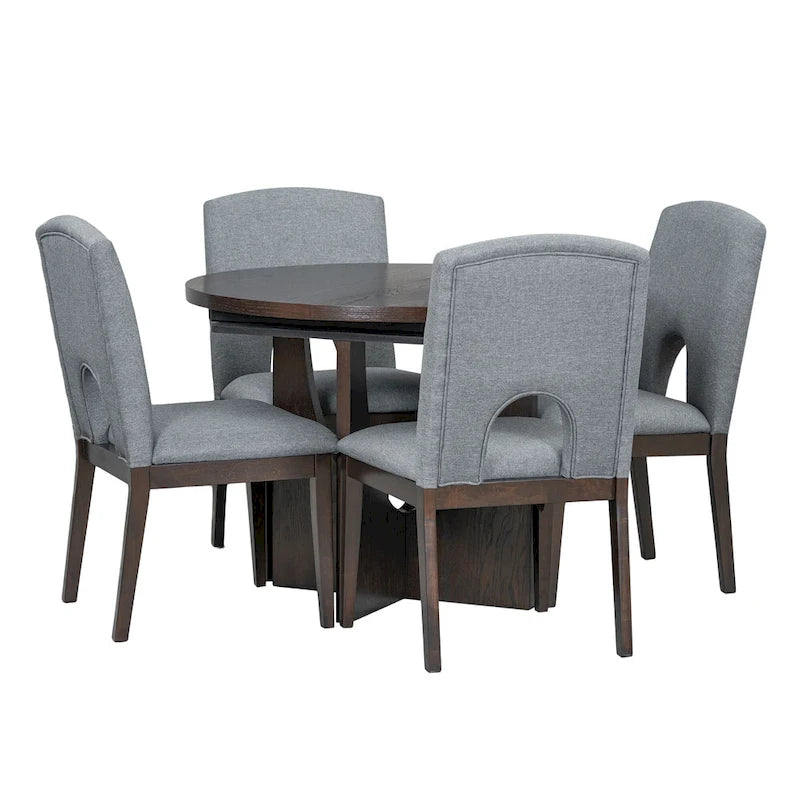 5-Piece Solid Wood Round Dining Set with Extendable Leaf and Upholstered Chairs
