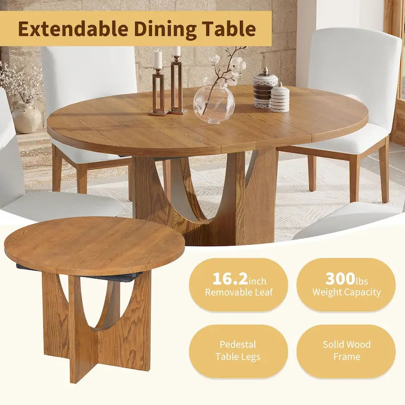 5-Piece Solid Wood Round Dining Set with Extendable Leaf and Upholstered Chairs