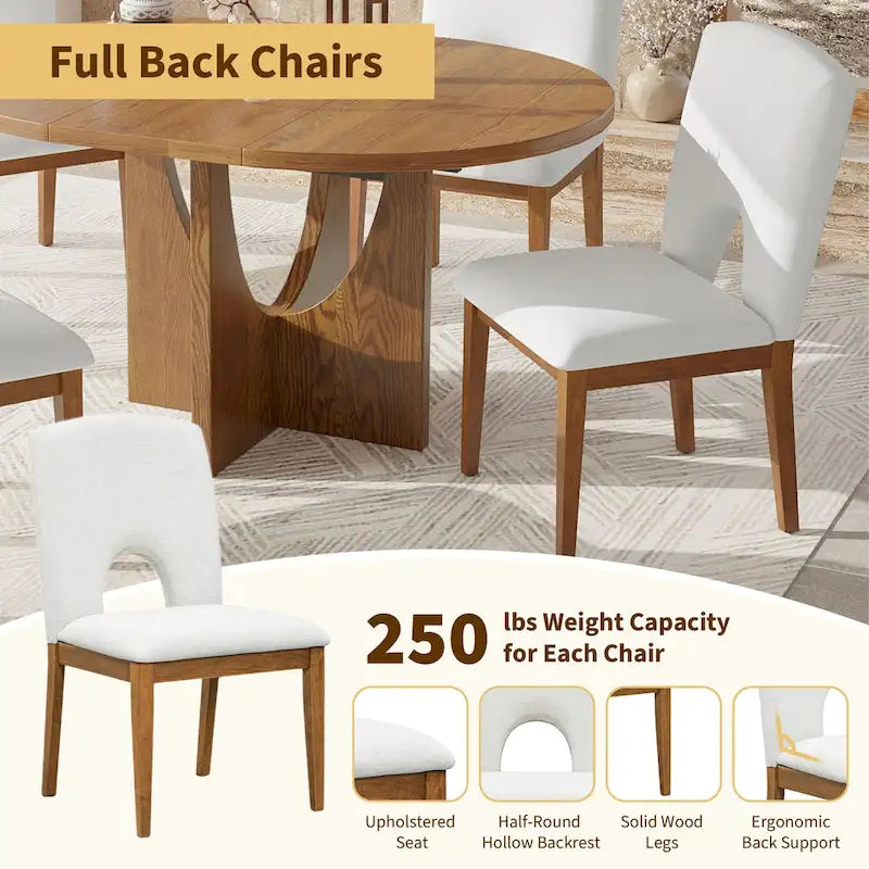 5-Piece Solid Wood Round Dining Set with Extendable Leaf and Upholstered Chairs