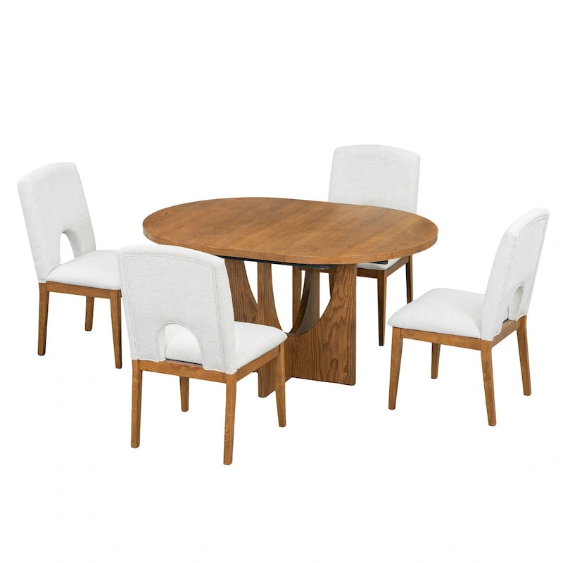 5-Piece Solid Wood Round Dining Set with Extendable Leaf and Upholstered Chairs