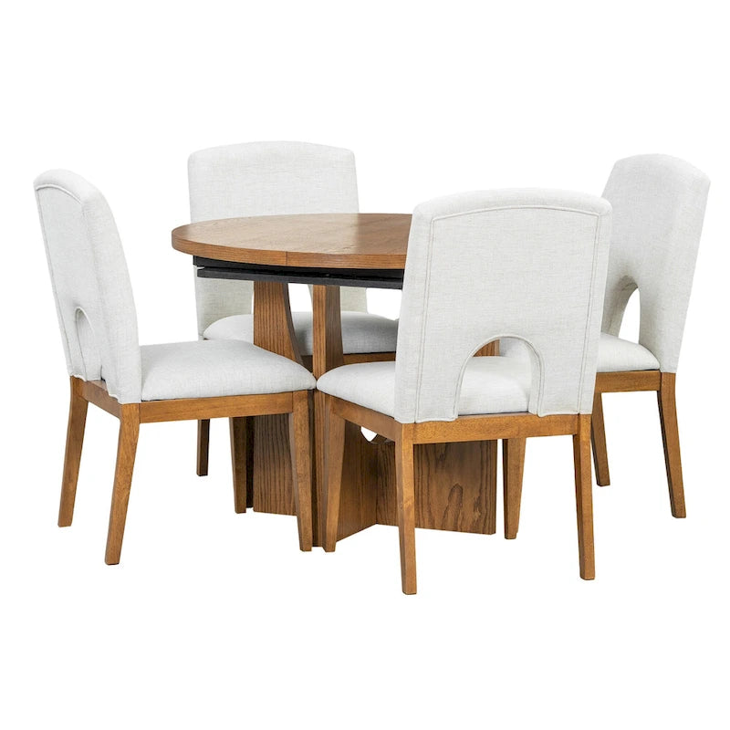 5-Piece Solid Wood Round Dining Set with Extendable Leaf and Upholstered Chairs