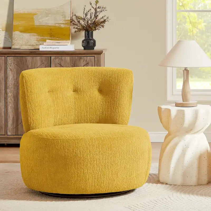 360-Degree Swivel Flannel Accent Chair with Button-Tufted Back and Wood Base