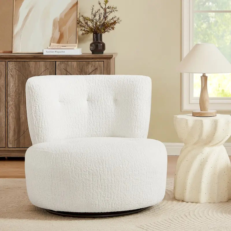 360-Degree Swivel Flannel Accent Chair with Button-Tufted Back and Wood Base
