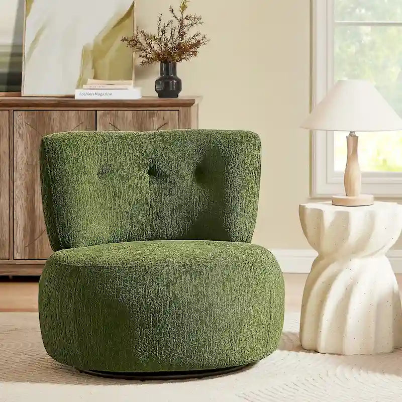 360-Degree Swivel Flannel Accent Chair with Button-Tufted Back and Wood Base