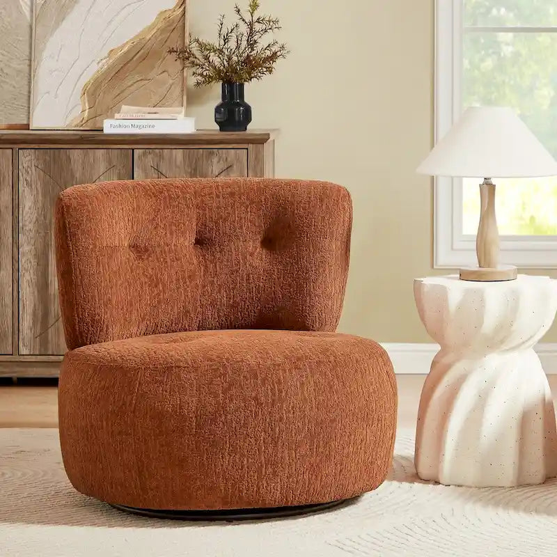 360-Degree Swivel Flannel Accent Chair with Button-Tufted Back and Wood Base