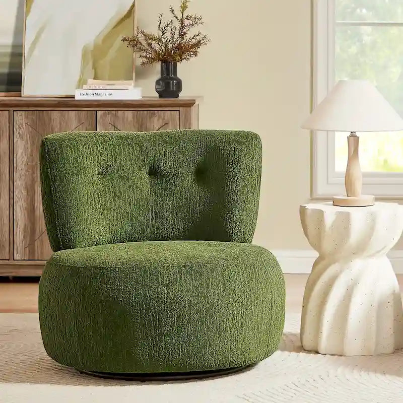 360-Degree Swivel Flannel Accent Chair with Button-Tufted Back and Wood Base
