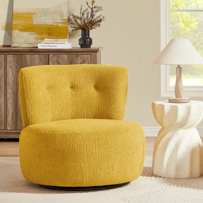 360-Degree Swivel Flannel Accent Chair with Button-Tufted Back and Wood Base