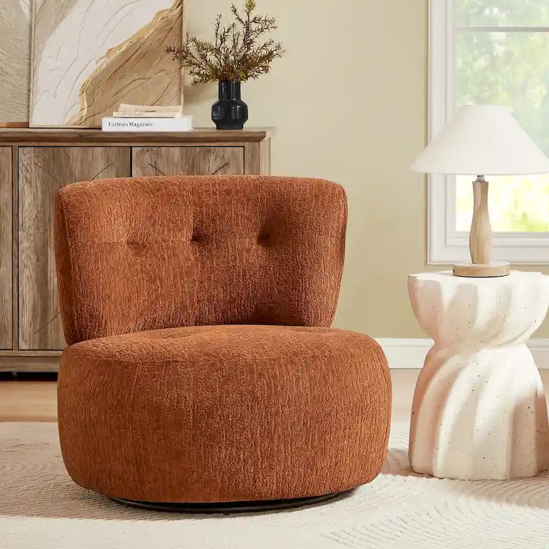 360-Degree Swivel Flannel Accent Chair with Button-Tufted Back and Wood Base