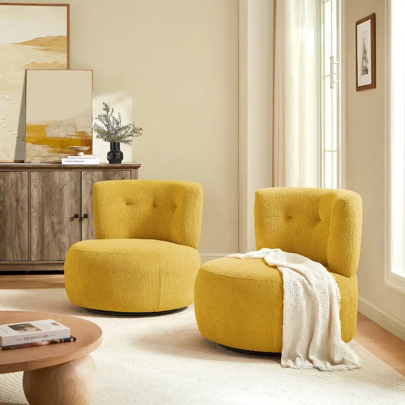 360-Degree Swivel Flannel Accent Chair with Button-Tufted Back and Wood Base