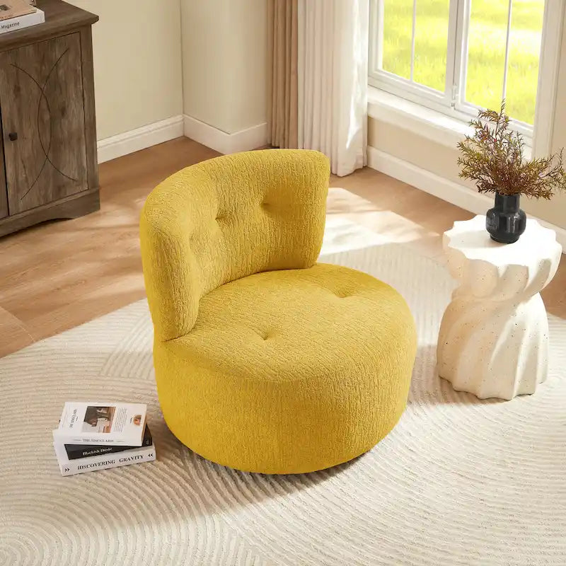 360-Degree Swivel Flannel Accent Chair with Button-Tufted Back and Wood Base