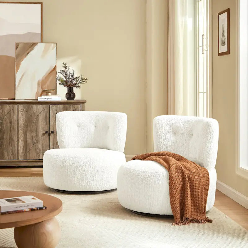 360-Degree Swivel Flannel Accent Chair with Button-Tufted Back and Wood Base