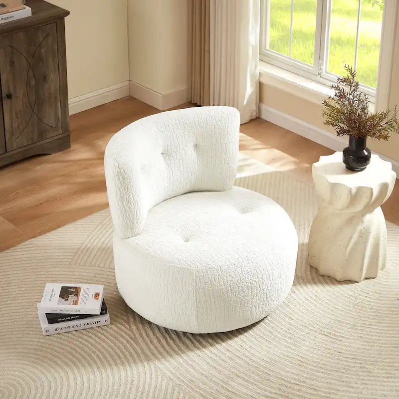 360-Degree Swivel Flannel Accent Chair with Button-Tufted Back and Wood Base
